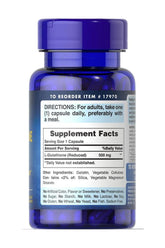 Puritan's Pride L-Glutathione 500 mg capsules bottle with supplement facts on the label.